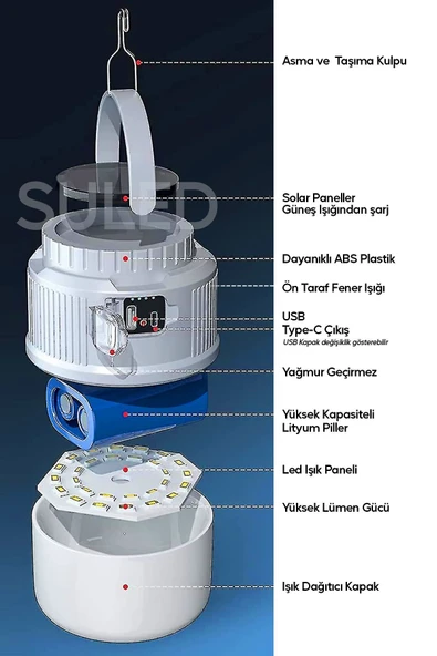 Suled Kamp Lambası Solar Şarjlı El Feneri Usb Type-C Şarj Çıkışlı Power Bank Özellikli Lithium 30W Askılı - 5