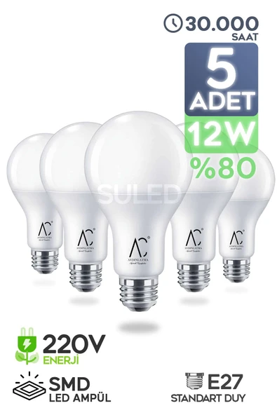 Suled 12W Led Ampül 5'Li Paket E27 Beyaz Işık Güçlü Aydınlatma Smd Led 6500K Tasarruflu Lamba
