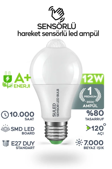 Suled Hareket Sensörlü Led Lamba E27 Duy 12W Işık Lamba A Otomatik Led Ampül Hareket Algılayıcılı ürün görseli 1