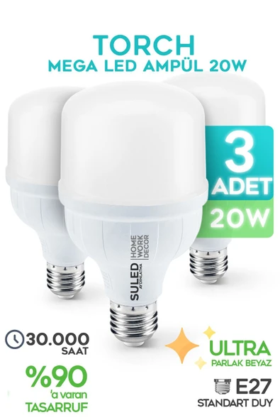 Suled 20W Torch Büyük Boy Mega Led Ampül 3 Adet Ultra Parkal Tasarruflu 6500K Beyaz Işık Büyük Ampül E27