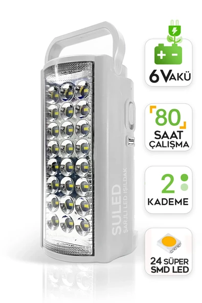 Suled Kamp Lambası 6V Akülü 80 Saat - 3Gün Aydınlatma 24 Smd Led Işıldak Lamba 220V Şarj - 1