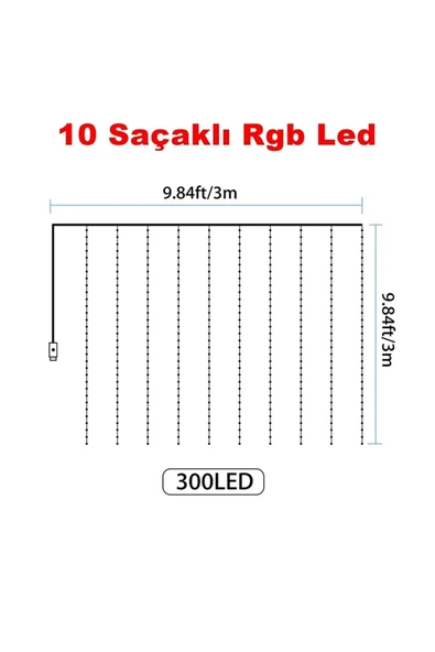 Suled Rgb Perde Led 3X3 Mt 300 Ledli 8 Modlu10 Saçaklı Kumandalı Peri Mutfak Işık Dekoratif Lamba - 5
