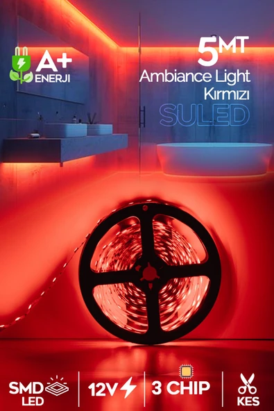 Suled Şerit Led 5 Metre Kırmızı Işık 3 Çipli Pro Ambiyans Aydınlatma Mutfak Salon Yatak Odası Led Işık - 1