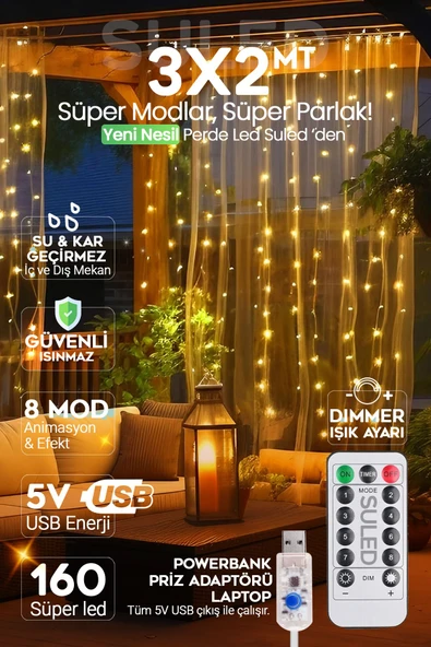 Suled Usb Perde Led 3X2 Metre 160 Led Kumandalı Su Geçirmez İç Ve Dış Mekan Ambiyans Aydınlatma Işığı - 1