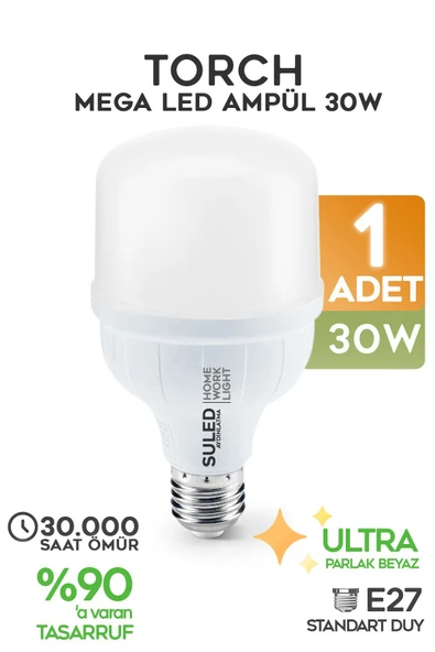 Suled 30W Torch Mega Led Ampül 1 Adet Tasarruflu Ultra Parlak 6500K Beyaz Işık Büyük Ampül E27