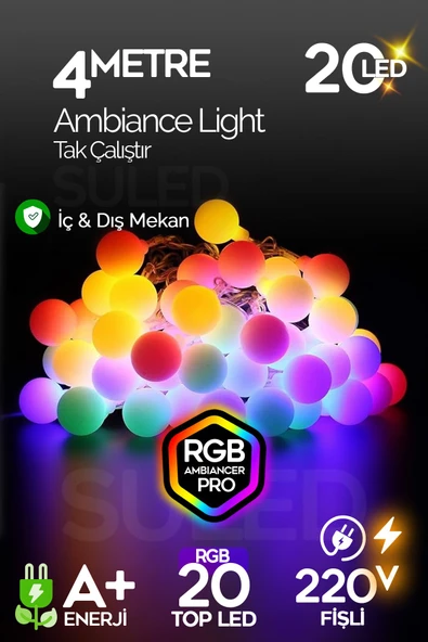 Suled Rgb 4 Metre Topled 20 Led 220V Fişli Tak Çalıştır Dekoratif Iç Ve Dış Mekan Aydınlatma Süsleme Işığı - 1