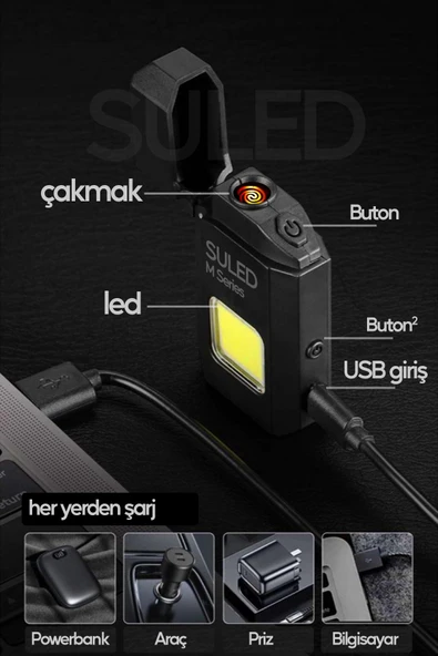Suled Şarjlı Çakmak T9 Led Fener Özellikli Usb Şarjlı Kamp Çakmağı Cob Led Ce Rüzgardan Etkilenmez - 2