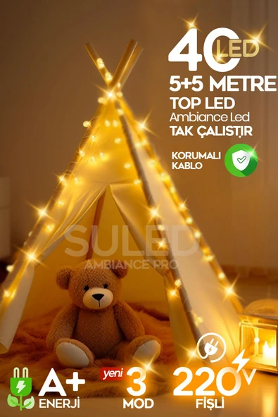 Suled Topled Pro 10 Metre 40 Led Gün Işığı 220V Fişli 3 Modlu Led Işık Iç Ve Dış Mekan Dekoratif Süsleme