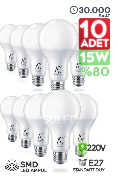 Suled Tasarruflu Led Ampül 10'Lu Paket 15W Güçlü Aydınlatma Smd Led Beyaz Işık 6500K E27 Standart Lamba