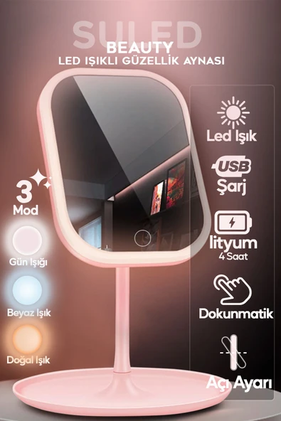Suled Led Işıklı Makyaj Aynası 3 Modlu Usb Şarjlı Beyaz Dikdörtgen Taşınabilir Açı Ayarlı Güzellik Ayna
