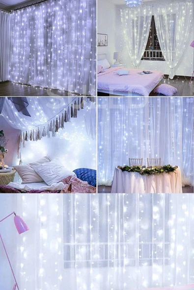 Suled Beyaz Perde Led 3X3 Metre Kumandalı 8 Mod Ambiyans Ayarlabilir Boy Dekor Mikro Led Işık Perde - 3