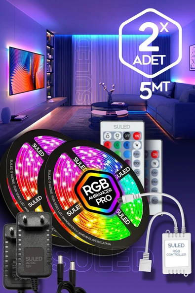 Suled 5Mt X 2'Li Set Rgb Duvar Tavan Şerit Led Işık Ambiyans & Sabit 16 Renk Kumandalı Yapışkanlı 10 Metre