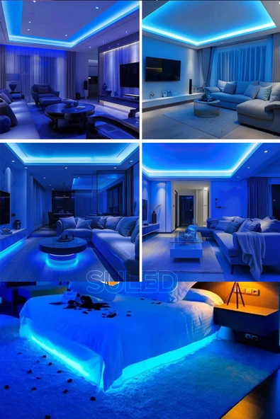 Suled Şerit Led 5 Metre Mavi Işık 3 Çipli Pro Ambiyans Aydınlatma Mutfak Salon Yatak Odası Led Işık - Resim 4