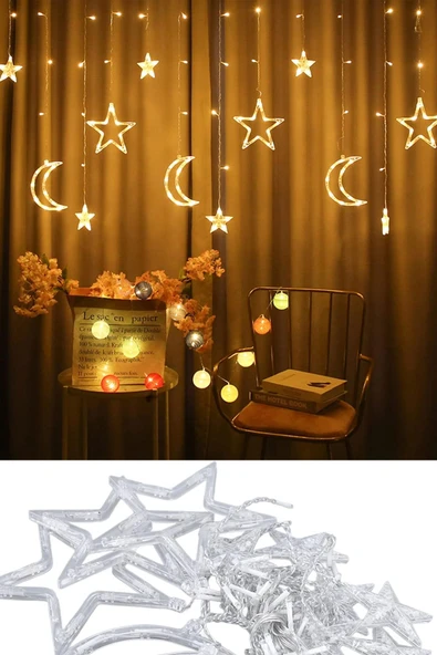 Suled Sl-1037 Ay Yıldız Perde Led 8 Mod Saçaklı Perde Peri Mutfak Işık Dekoratif Lamba Led Işık - Resim 2