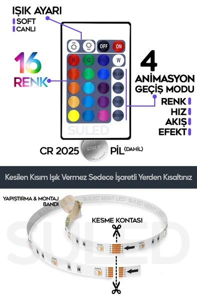 Suled Şerit Led 5 Metre Animasyonlu Tak Çalıştır Kumandalı Trafolu Rgb Şerit Işık Aydınlatma Parti Led - Resim 3