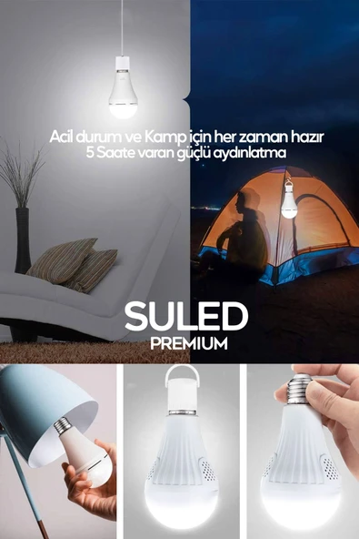 Suled Şarjlı Ampül 20W Acil Durum & Kamp Işığı 2X Bataryalı 220V Beyaz Işık E27 Duy Otomatik - 5