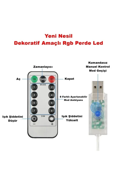 Suled Rgb Perde Led 3X3 Mt 300 Ledli 8 Modlu10 Saçaklı Kumandalı Peri Mutfak Işık Dekoratif Lamba - 4