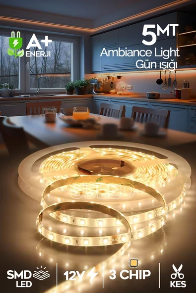Suled Şerit Led 5 Metre Gün Işığı 3 Çipli Pro Ambiyans Aydınlatma Mutfak Salon Yatak Odası Led Işık
