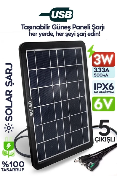 Suled 3W Güneş Enerjili Solar Usb Şarj Paneli 6V 5 Uçlu Usb Çıkışlı 2A Telefon Tablet Şarj Ünitesi