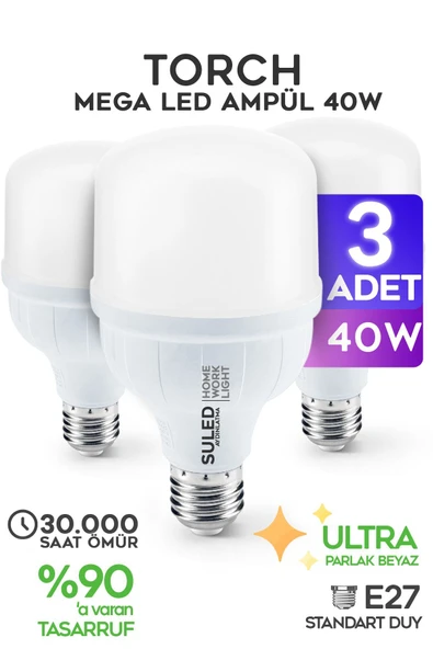 Suled 40W Torch Büyük Ampül 3 Adet Mega Led Işık Tasarruflu Ultra Parlak 6500K Beyaz Işık Büyük Ampül E27