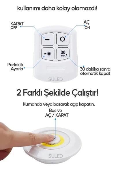 Suled Pilli Uzaktan Kumandalı Montajsız Yapışkanlı 3'Lü Spot Led Işık Lamba Raf Niş Dolap Mutfak Işığı - 4