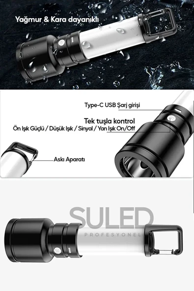 Suled Usb Şarjlı El Feneri Ve Kamp Lambası 4 Modlu 10W A+ Led Işık Outdoor Askı Aparatlı Lityum Pilli - 4