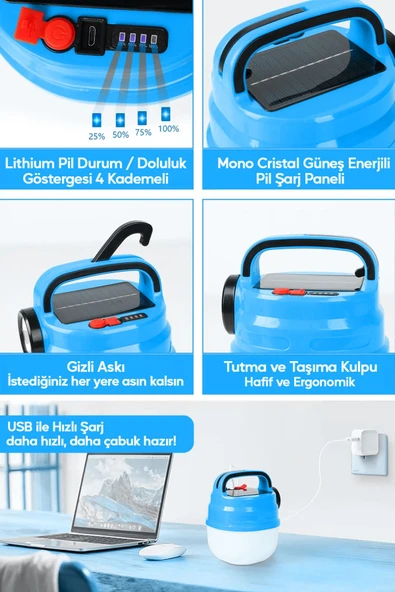 Suled 6 Modlu El Feneri Ve Kamp Lambası Usb & Solar Şarjlı Smd Led Askılı Taşınabilir Işık - 3