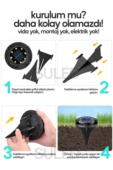 Suled Bahçe Aydınlatma Led Işık 1 Adet Set Solar Güneş Enerjili Otomatik Aydınlatmalı Saplama Lamba - 4