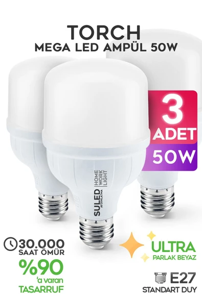 Suled 50W Torch Büyük Ampül 3 Adet Ultra Güçlü Led Işık Tasarruflu 6500K Beyaz Işık Büyük Ampül E27 - 1