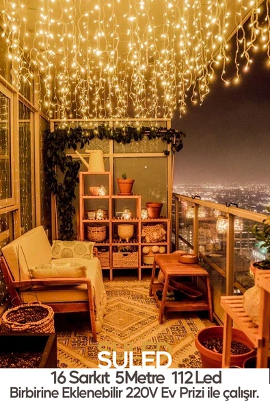 Suled Sarkıt Led Işık 5 Metre Premium Efekt Modlu 112 Led 16 Saçak İç & Dış Süsleme 220V Fişli - 4