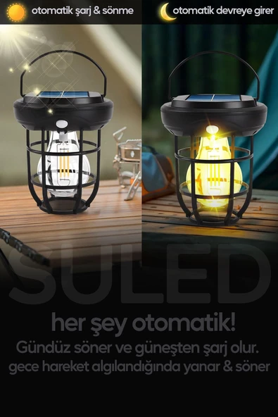 Suled Solar Şarjlı Hareket Sensörlü Led Fener Işık 15W Askılı 3 Modlu Otomatik Led Kamp Bahçe Lambası - 6