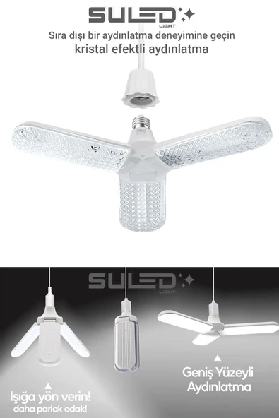 Suled Kristal Pervane 3 Kanat Led Ampül 45W 4500 Lümen Süper Güçlü E27 Lamba A Kalite Beyaz Işık - 5