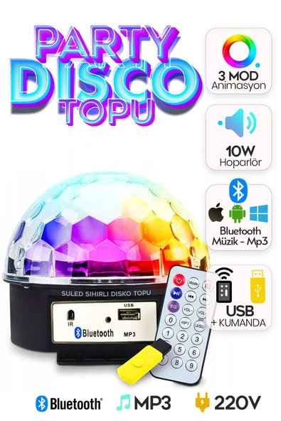 Suled Disko Topu Led Işık Bluetooth Hoparlörlü Usb Müzik Çalar Kumanda 360* Dönen Parti Eğlence Işığı 220V ürün görseli 1