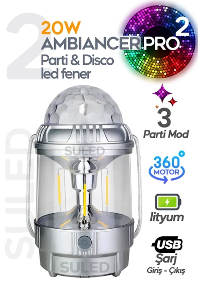 Suled Kamp & Disco 3 Modlu Parti Işığı 20W Usb Şarjlı Type-C Çıkışlı El Feneri Çok Fonksiyonlu Led Lamba