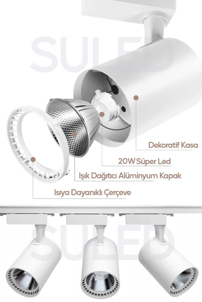 Suled Spot Işık 3'Lü Set Led Gün Işığı Beyaz Kasa 20W 1 Metre Raylı 3 Adet Ray Spot Lamba Armatür - 3