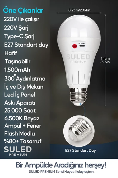 Suled Şarjlı Ampül 15W Beyaz Işık Tavan Kamp Işığı Acil Durum El Feneri Type-C 220V Şarjlı Beyaz E27 Duy - 3