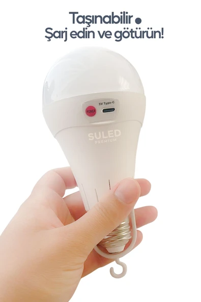 Suled Şarjlı Ampül 15W Beyaz Işık Tavan Kamp Işığı Acil Durum El Feneri Type-C 220V Şarjlı Beyaz E27 Duy - 6