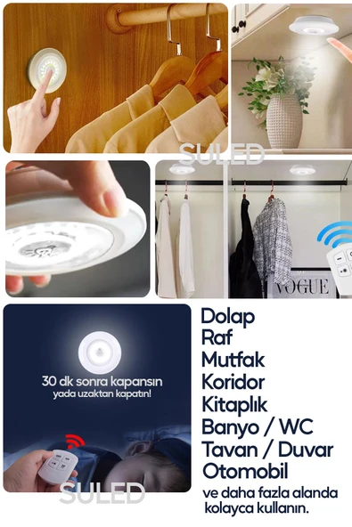 Suled Pilli Uzaktan Kumandalı Montajsız Yapışkanlı 3'Lü Spot Led Işık Lamba Raf Niş Dolap Mutfak Işığı - 5