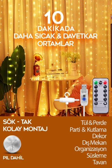 Suled Sl-1034- 300 Ledli 10 Saçaklı Sarı Led Kumandalı 8 Modlu Perde Led Peri Mutfak Işık Dekoratif Lamba - 6