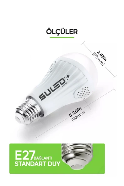 Suled Şarjlı Ampül 20W Acil Durum & Kamp Işığı 2X Bataryalı 220V Beyaz Işık E27 Duy Otomatik - 3