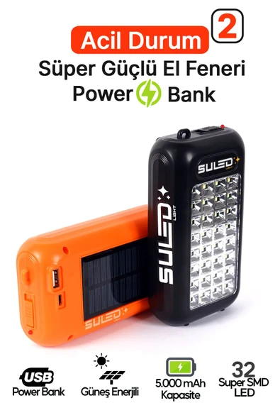 Suled Güneş Panelli Handy Power Bank Fener Işıldak 32 Süper Smd Ledli El Feneri Ev Kamp Outdoor Aydınlatma - 5
