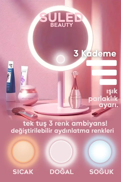 Suled Makyaj Aynası 3 Modlu Led Işıklı Usb Şarjlı Yuvarlak Taşınabilir Açı Ayarlı Güzellik Aynası - 2