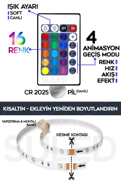 Suled 5Mt X 2'Li Set Rgb Duvar Tavan Şerit Led Işık Ambiyans & Sabit 16 Renk Kumandalı Yapışkanlı 10 Metre - 6