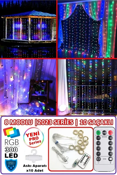 Suled Rgb Perde Led 3X3 Mt 300 Ledli 8 Modlu10 Saçaklı Kumandalı Peri Mutfak Işık Dekoratif Lamba