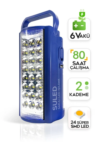 Suled Kamp Lambası 6V Akülü 80 Saat - 3Gün Aydınlatma 24 Smd Led Işıldak Lamba 220V Şarj