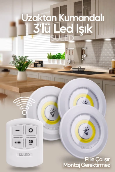 Suled Pilli Uzaktan Kumandalı Montajsız Yapışkanlı 3'Lü Spot Led Işık Lamba Raf Niş Dolap Mutfak Işığı