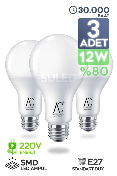 Suled 12W Led Ampül E27 3'Lü Paket Beyaz Işık Güçlü Aydınlatma Smd Led 6500K Tasarruflu Lamba