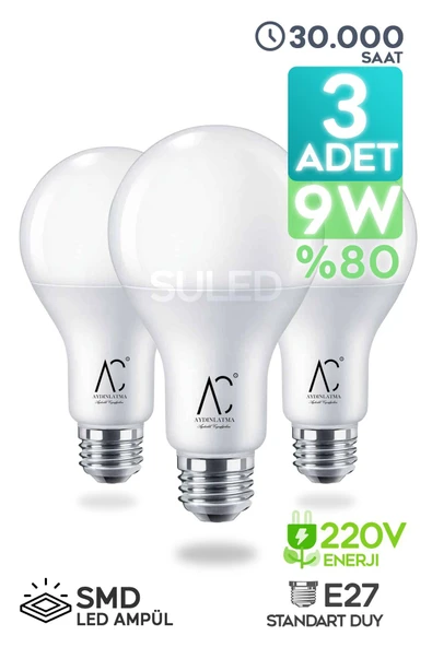 Suled Led Ampül 3 Adet 9W Smd Süper Parlak Led Beyaz Işık 6500K Tasarruflu Lamba