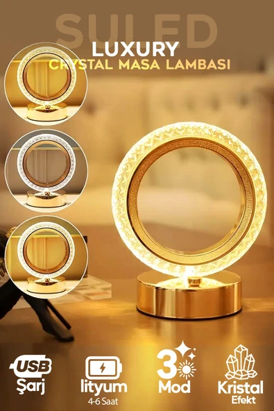 Suled Dekoratif Oval Masa Lambası Crystal Moon Usb Şarjlı 3 Modlu Ambiyans Led Gece Lambası