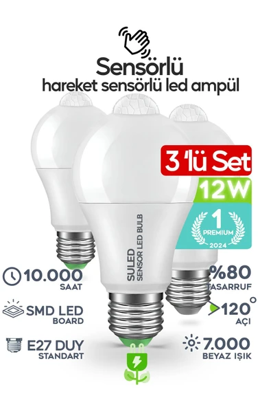 Suled Hareket Sensörlü Led Lamba 3 Adet Ampül Beyaz Işık 12W %80 Tasarruflu Otomatik Yanıp Söner
